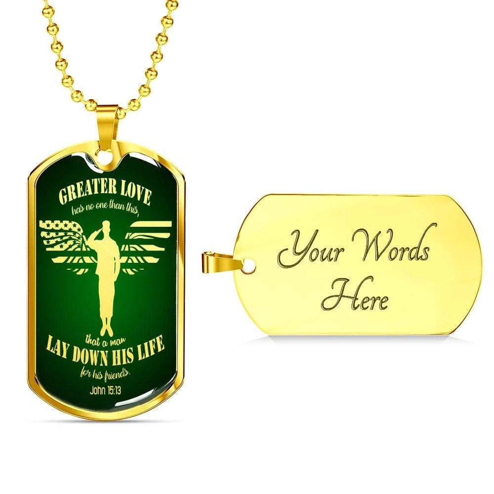 Christian Necklace John 15:13 Love Personalized Engraved Gold Dog Tag Necklace